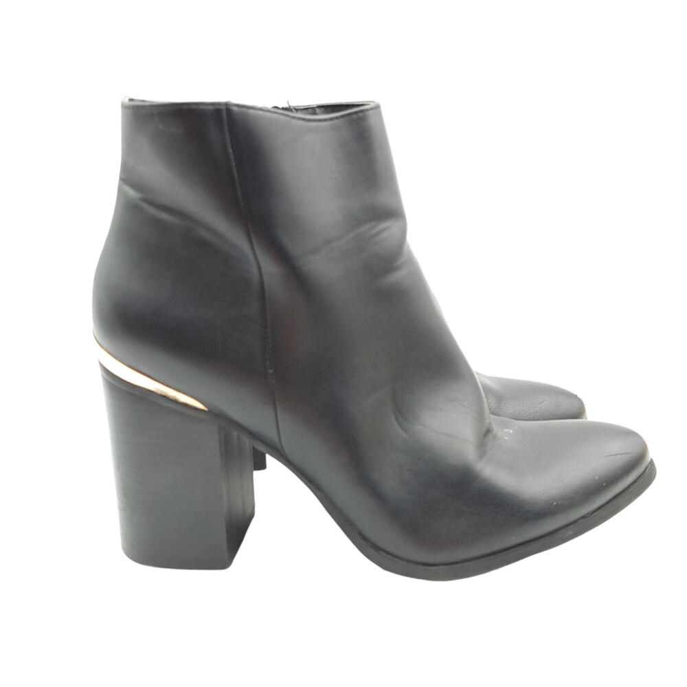 Forever 21 Ankle Boot Womens Size 8 Booties Black Gold Block Heels Side Zip